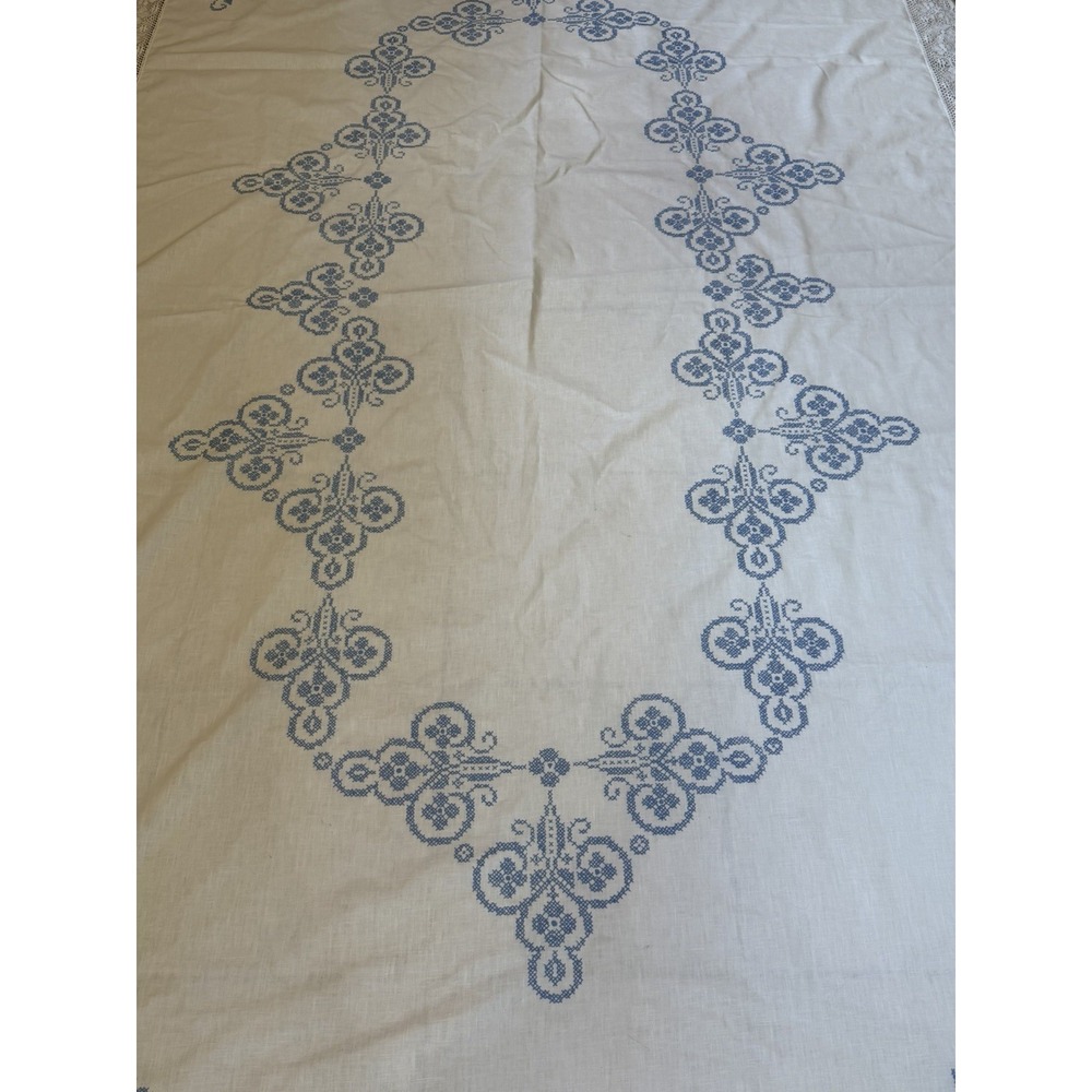 Vintage Hand Cross Stitched Linen Tablecloth White Blue Embroidery Lace 66x10